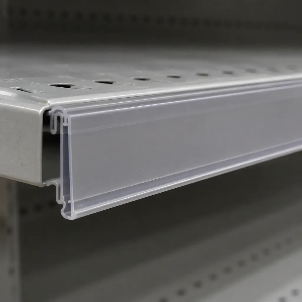 Photorealistic macro of a blank grey shelf edge rail on a supermarket aisle, no readable text, no labels
