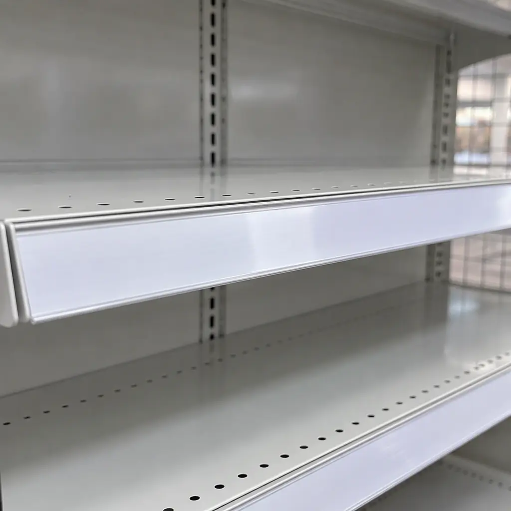 Photorealistic close-up of plain white shelf strips on metal shelving in a bright store, no readable text