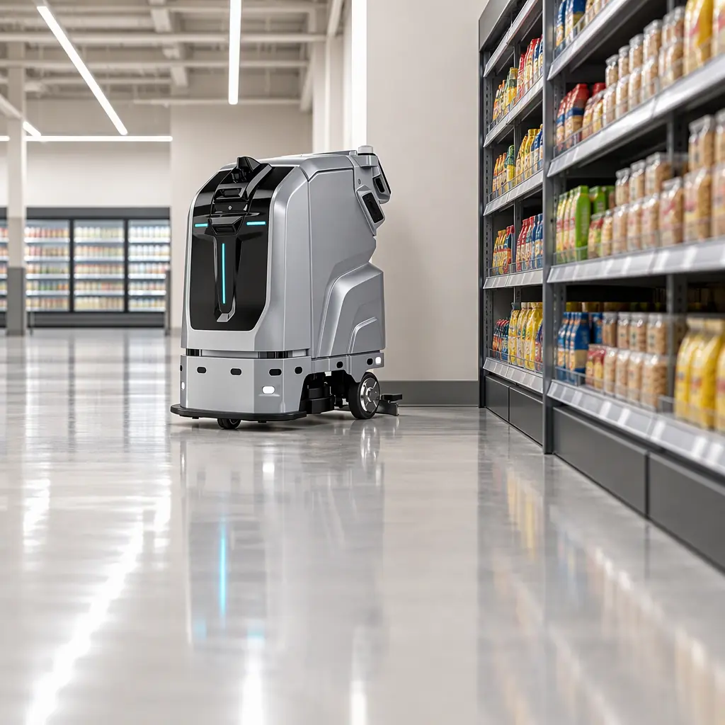 Photorealistic white AOMAN C2 Pro cleaning robot stationary in a wide empty supermarket aisle at night, blank panel, no people and no text
