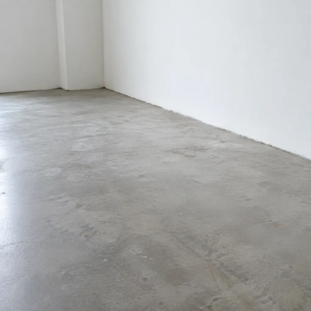 Photorealistic shallow-depth photo of a plain grey concrete floor meeting a white wall in a store backroom, no text