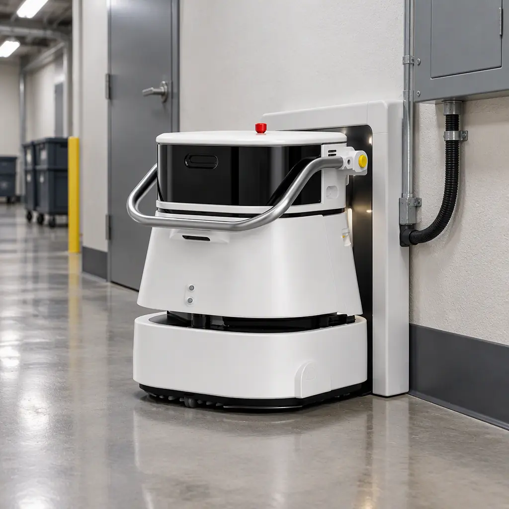 Close view of an autonomous cleaning robot docked at a charging station in a service corridor, charging contacts and status indicators visible, no people and no text