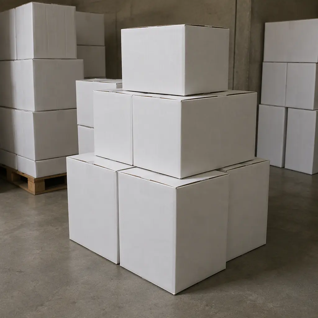 Photorealistic plain white cardboard cartons stacked on a concrete stockroom floor, no text, no labels