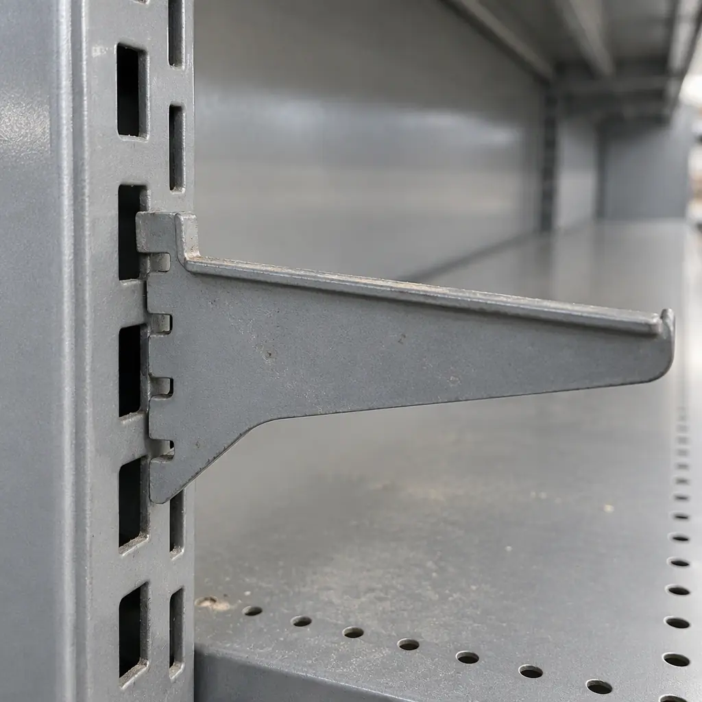 Photorealistic close-up of an empty metal shelf bracket on grey retail shelving, no text, no labels