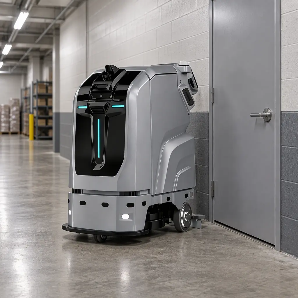 Photorealistic white AOMAN C2 Pro cleaning robot stationary beside a closed stockroom door, blank panel, no people and no text