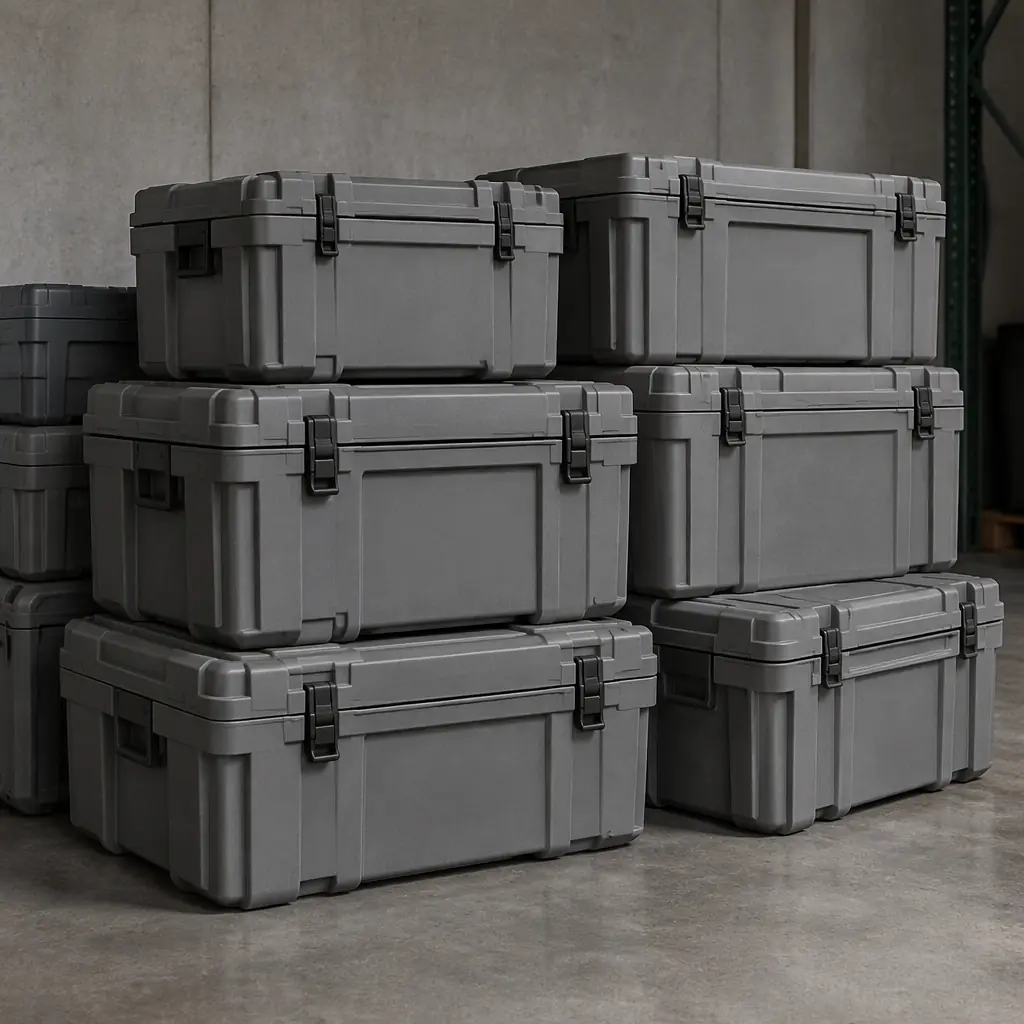 Photorealistic stack of plain grey industrial storage cases on a bare concrete floor, no text, no labels