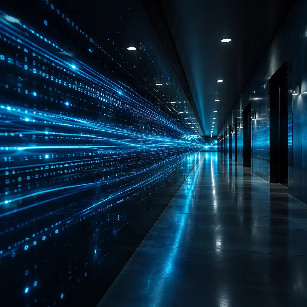 Abstract composition of encrypted data streams and light trails in a dark secure facility corridor