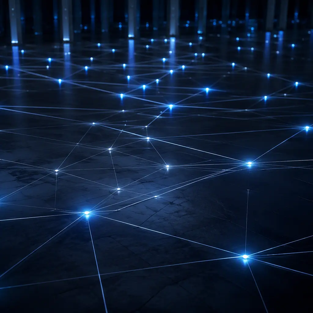 Abstract network of secure data connections and light nodes across a dark facility floor