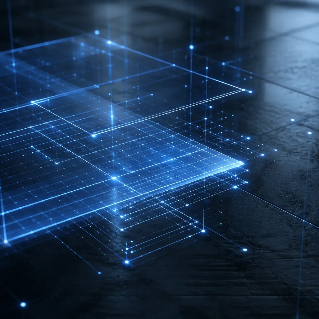Abstract layered encryption and access-control light grids over a dark facility floor