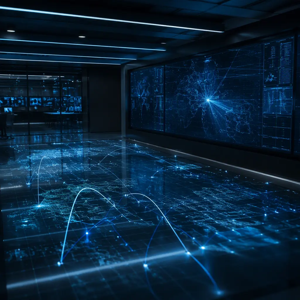 Abstract secure command-and-control dashboard with layered light grids over a dark facility floor