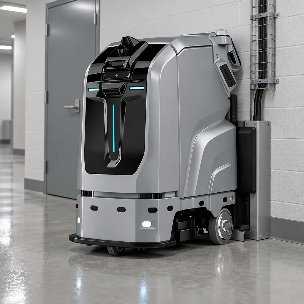 Autonomous floor-scrubbing robot parked beside a service dock in a commercial service corridor, no people and no text