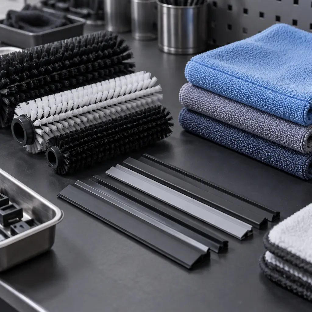 Replacement scrubber brushes, squeegee blades and folded microfiber pads arranged on a dark technician workbench, no people and no text