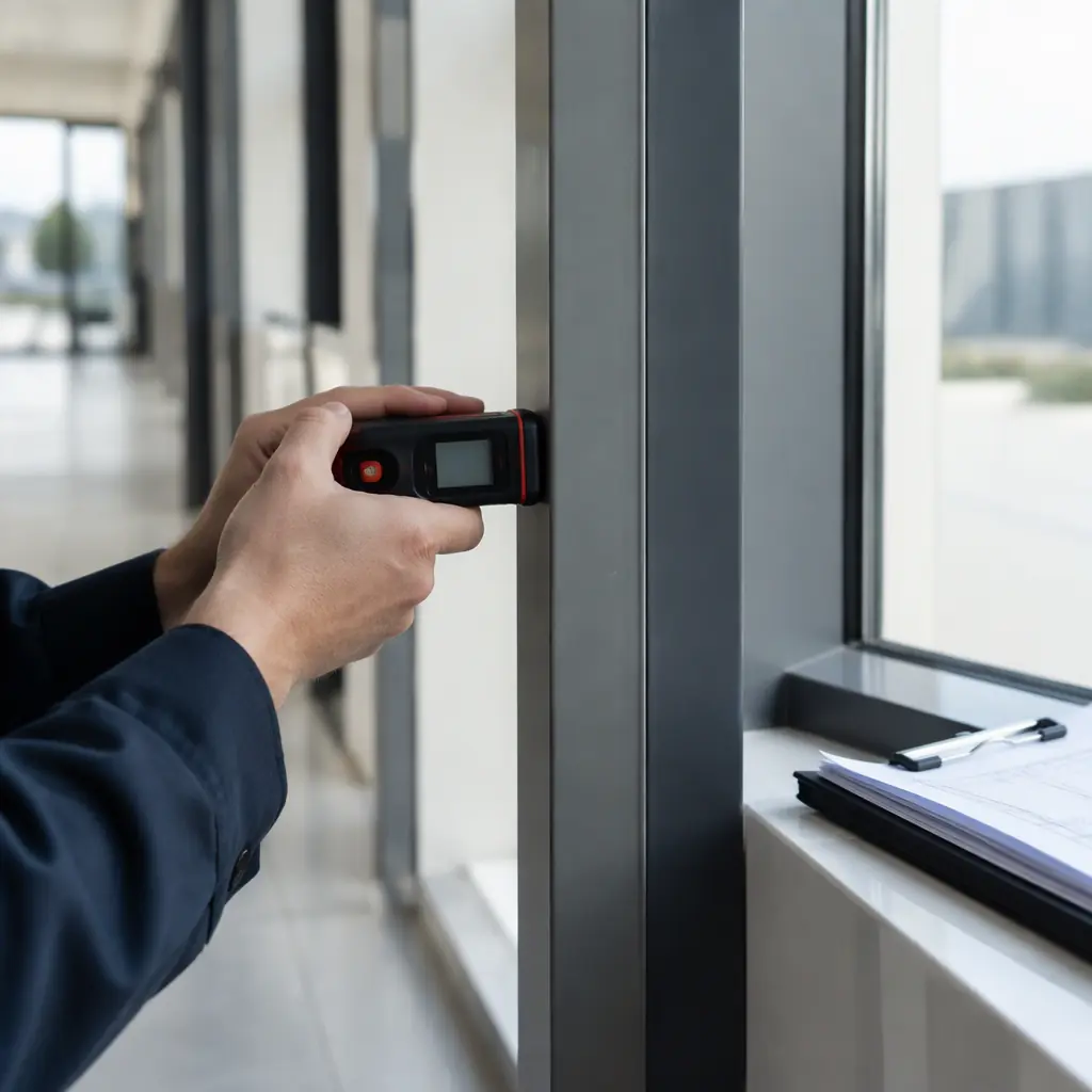 Photorealistic photograph of a person holding a laser distance meter against a doorway frame in a modern commercial corridor, measuring tape and a clipboard on a nearby ledge, no people faces and no text