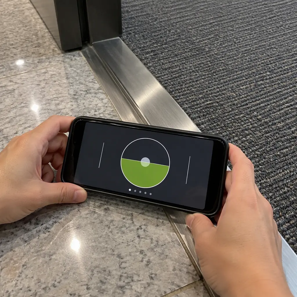 Photorealistic close-up photograph of a hand holding a spirit level app on a phone against a metal threshold strip on a commercial floor, floor tiles on one side and carpet on the other, no people faces and no text