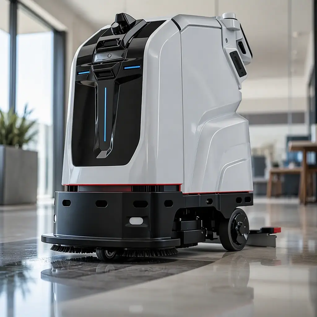 CLEINBOT M79 scrubber with its brush deck, photorealistic close-up