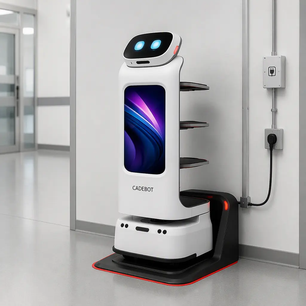 CADEBOT L100 delivery robot in a facility dock bay, photorealistic