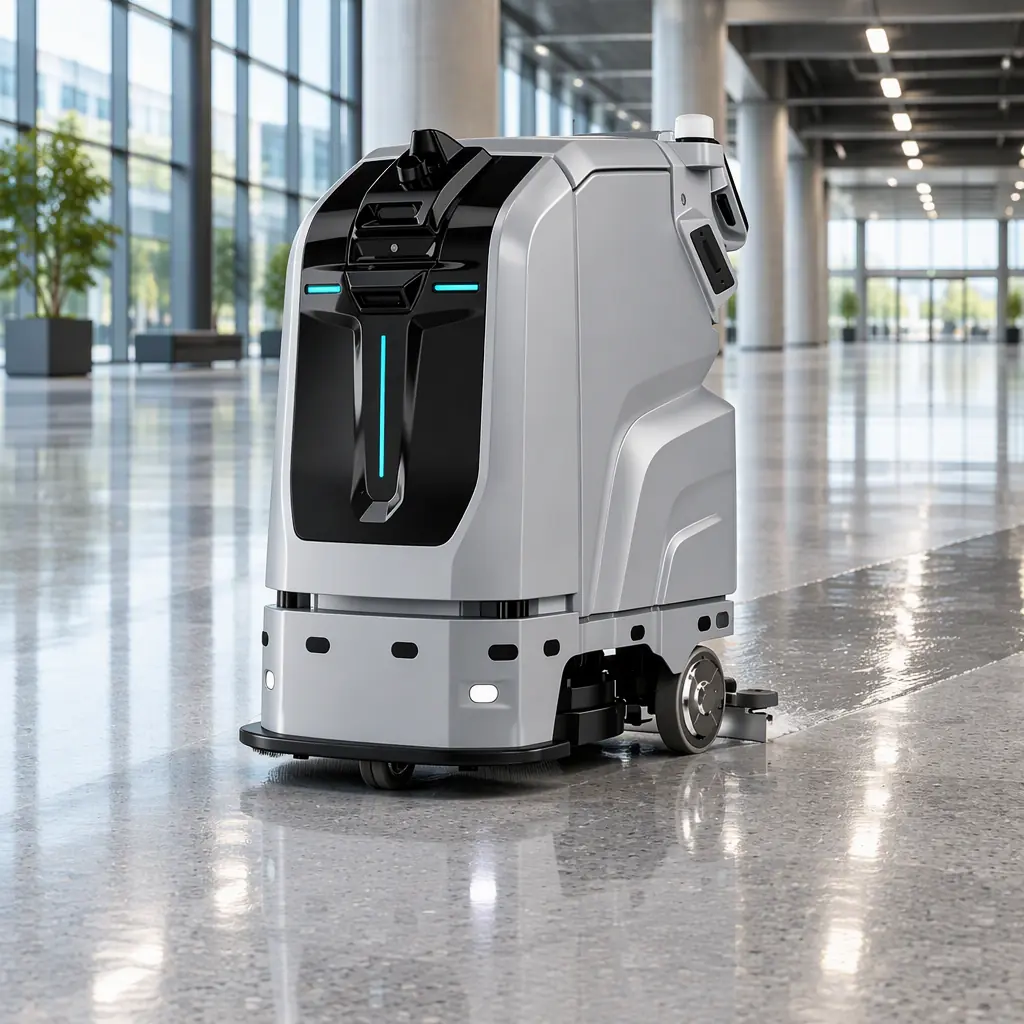 Autonomous floor scrubbing machine working across a wide commercial building floor with a wet cleaned strip behind it, no people and no text