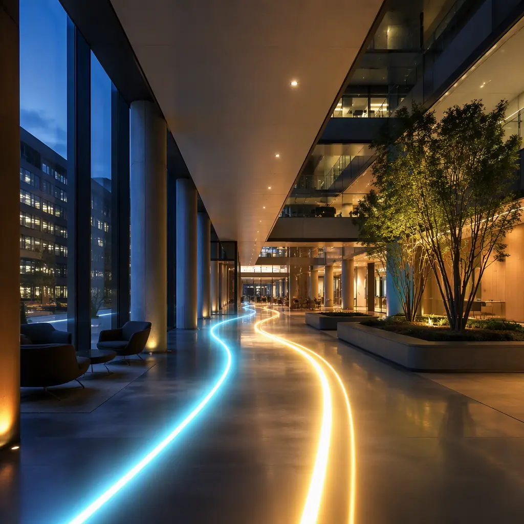 Abstract light trails tracing a navigation path through a modern building interior, no robot visible