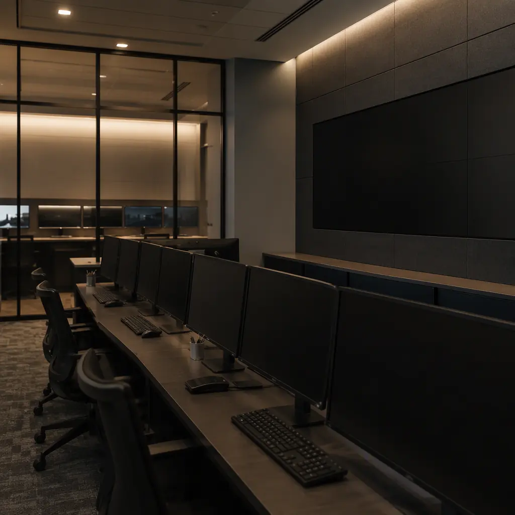 Quiet facility operations control room with monitor screens on a desk, no robots, no readable text