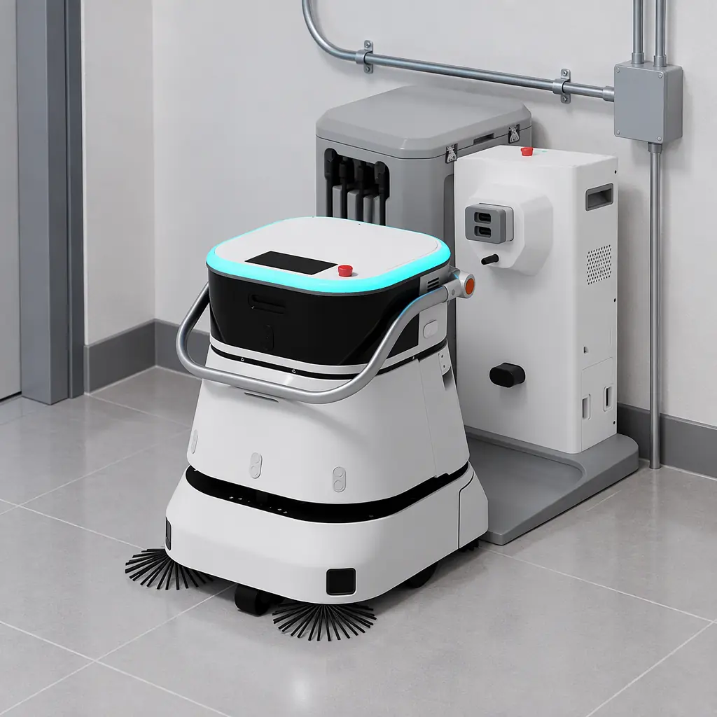 Compact autonomous cleaning robot charging at a service dock while a fleet dashboard screen is visible in the background, no people and no text