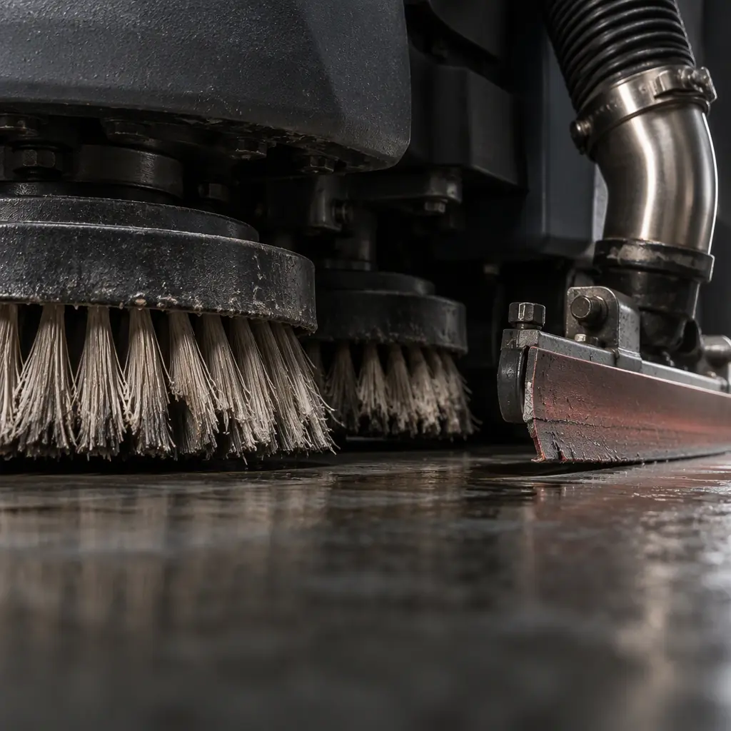 Macro detail of worn scrubbing machine disc brushes, a worn squeegee blade edge and a vacuum hose fitting, no people and no text