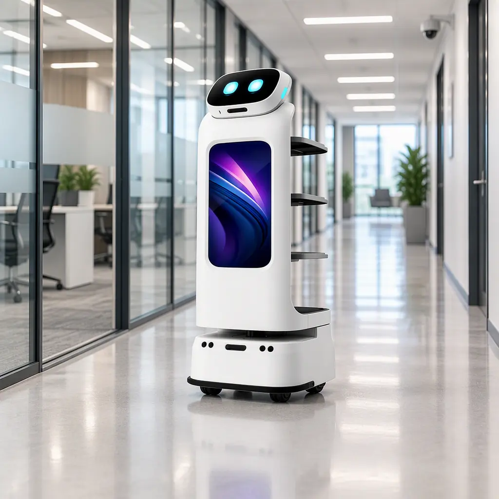 White autonomous delivery robot navigating a modern commercial building corridor on a camera-assisted route, no people and no text