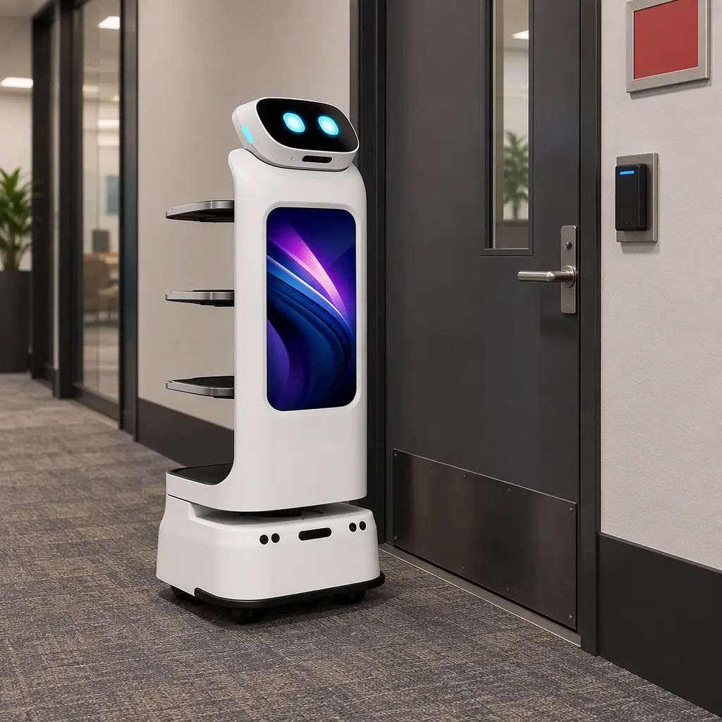 Photorealistic view of the same white delivery robot pausing at a doorway in a serviced office corridor with an overhead camera housing visible, no people and no readable text