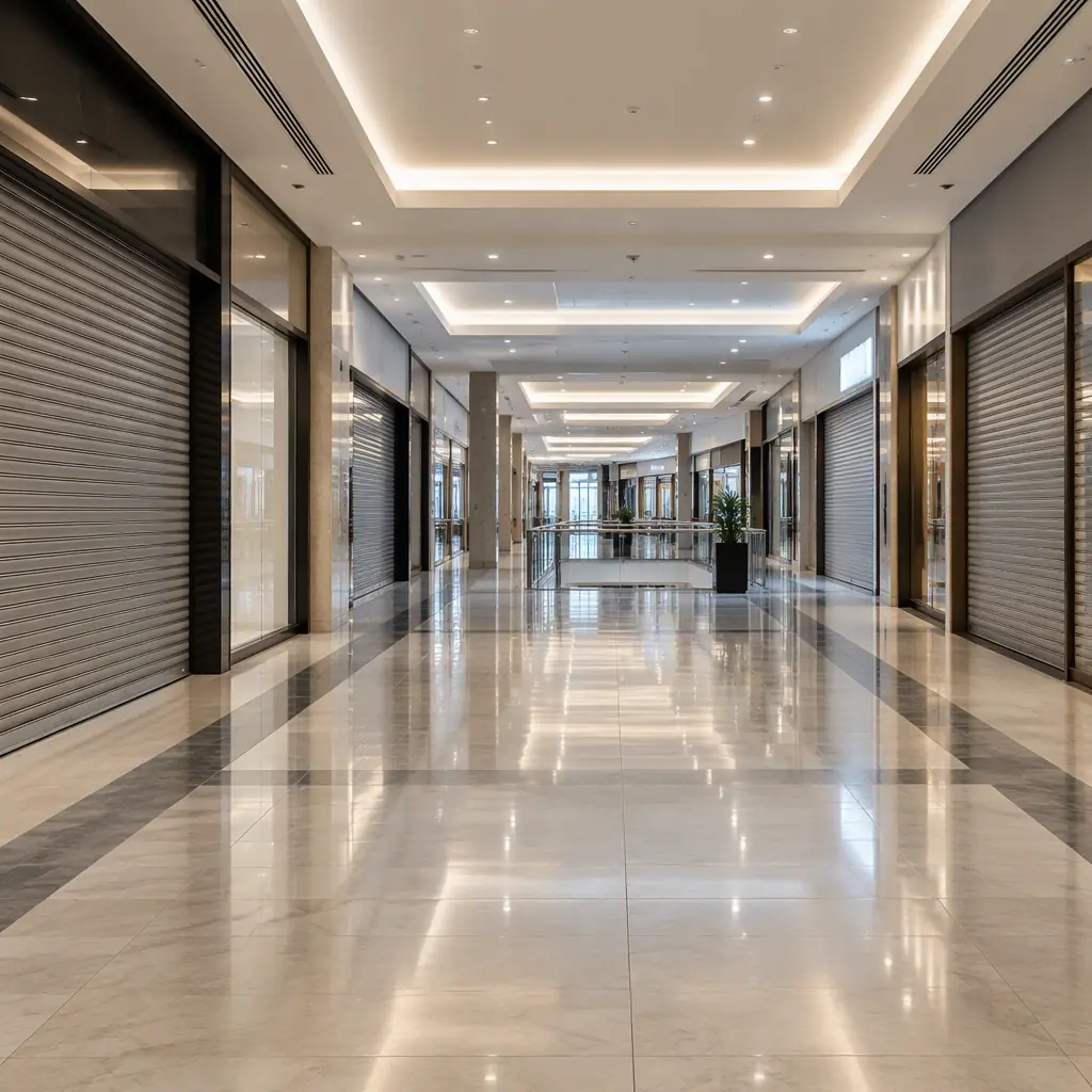 Photorealistic empty shopping centre concourse with polished tiled floor and closed shop fronts, no people