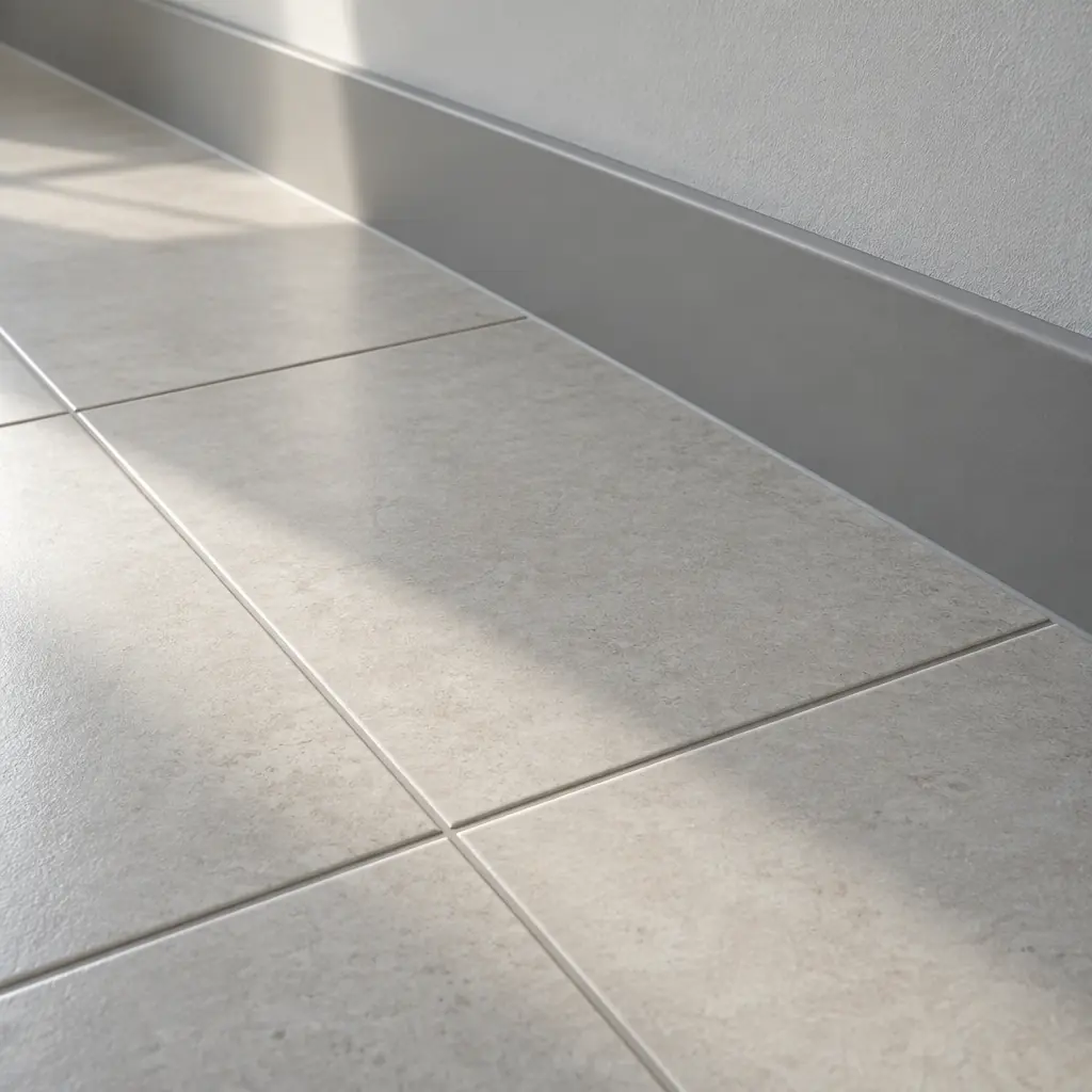 Photorealistic close-up of a clean grid of pale floor tiles meeting a grey skirting board, raking light