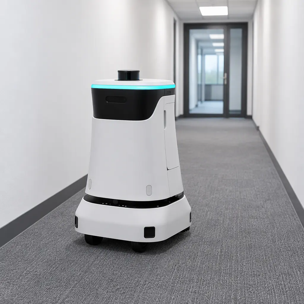 AOMAN C2 Pro cleaning robot navigating a narrow empty office corridor with grey carpet
