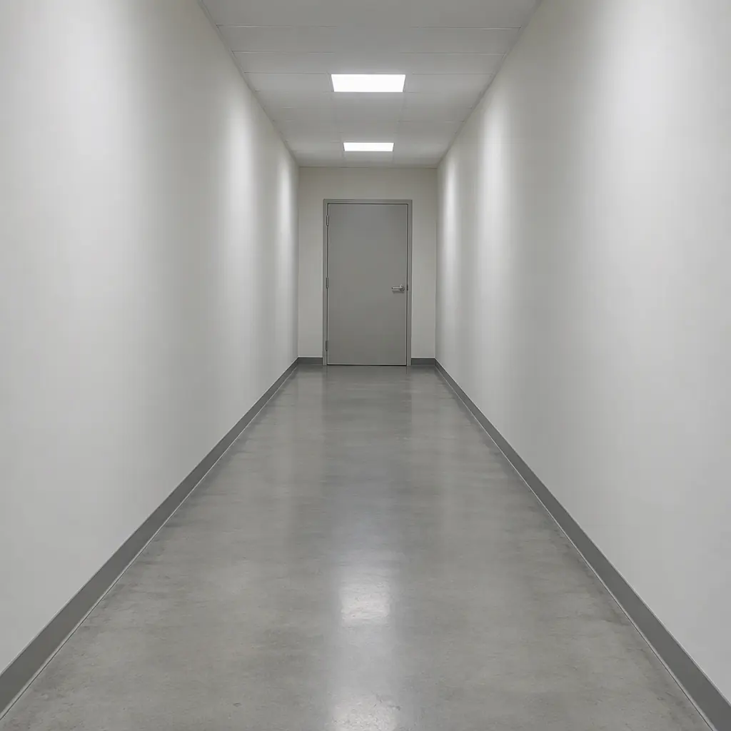 Photorealistic empty service corridor in a commercial building with bare sealed floor, cool even light