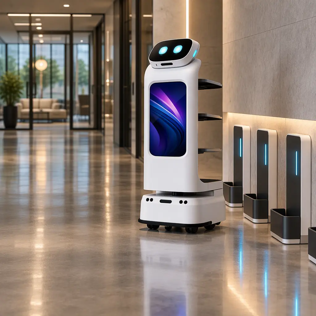 Photorealistic view of a white autonomous delivery robot parked at wall charging docks in a corporate service corridor, status lights lit, no people and no text