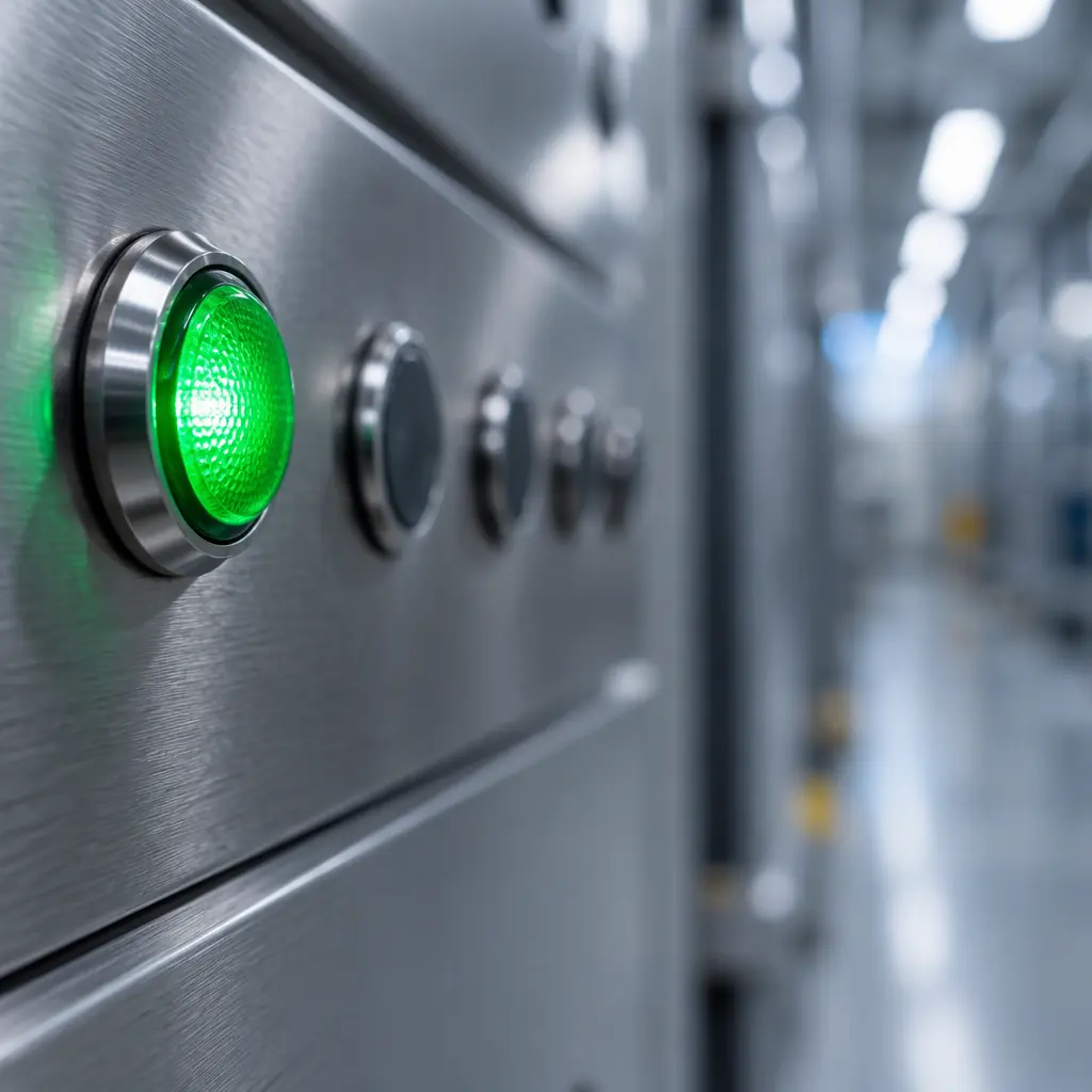 Photorealistic close-up of a green status indicator light on a service robot charging dock with a blurred facility corridor behind, no people and no text