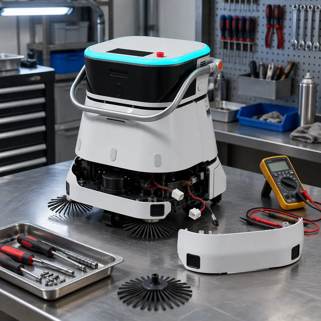 Photorealistic photograph of a service robot on a workshop bench with its sensor module partially removed and diagnostic equipment connected, no people faces and no text