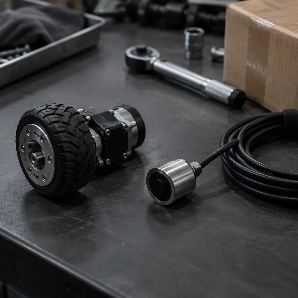 Photorealistic macro of a robot wheel assembly and sensor module on a workbench beside a coil of cable and a shipping carton, no people faces and no text