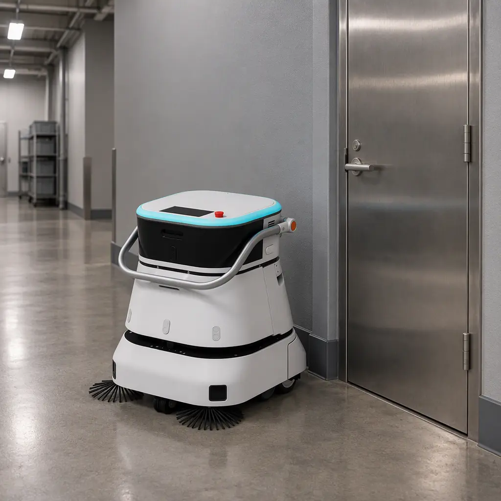 Autonomous cleaning robot parked beside a service door in a quiet corridor, photorealistic industrial interior, no people and no text, no people and no text