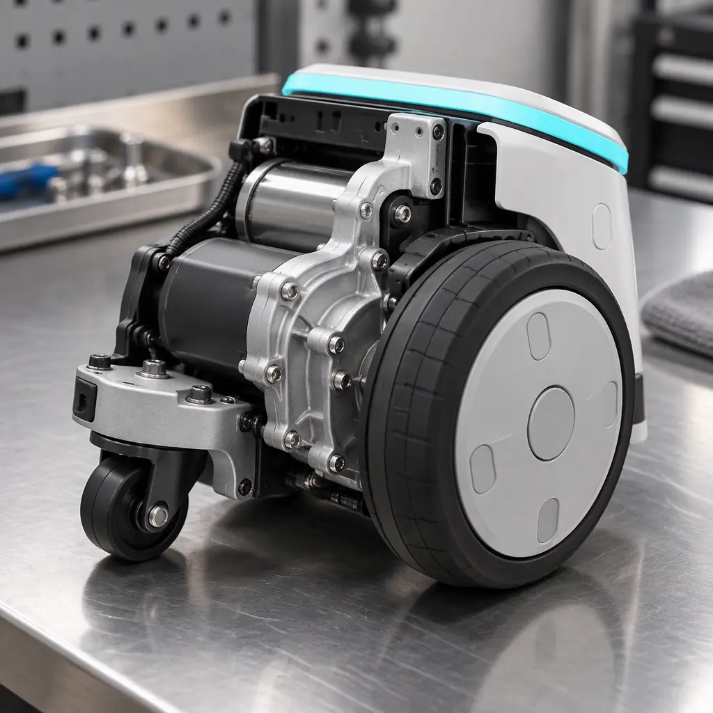Photorealistic macro render of a robot drive module and wheel hub assembly on a workbench, no people and no text