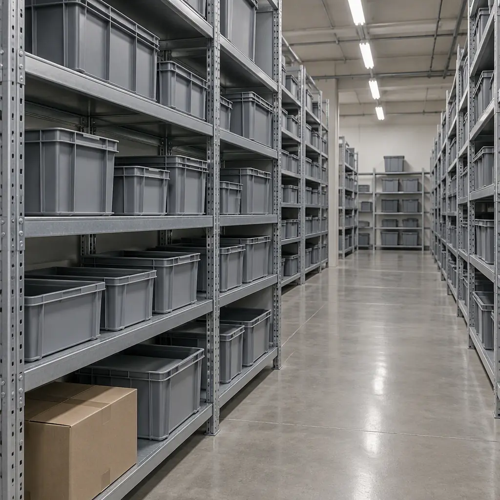 Photorealistic warehouse parts shelving with labelled storage bins and industrial lighting, no people and no text