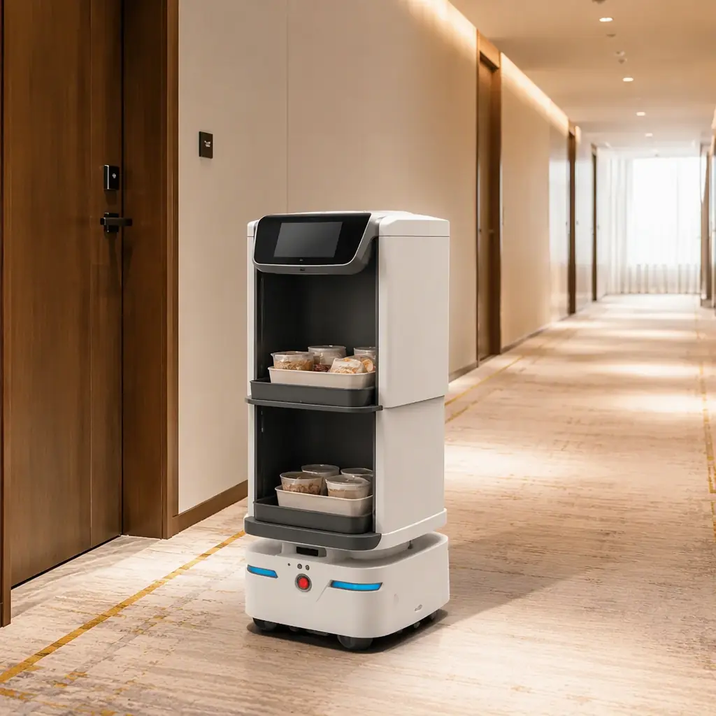 AOMAN DOUBLE dual-cabin delivery robot in a hotel setting, photorealistic