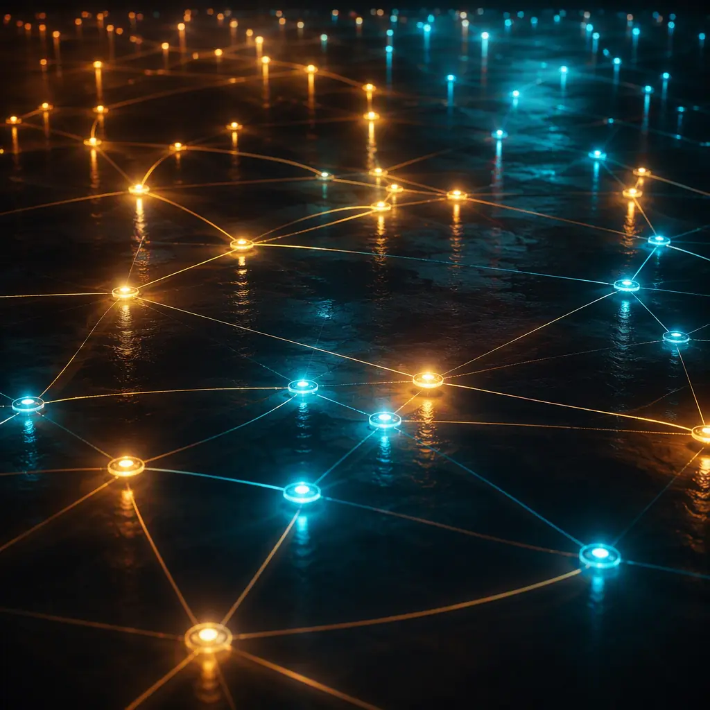 Abstract view of connected robot fleet network nodes with soft blue light trails, no robots, no machines