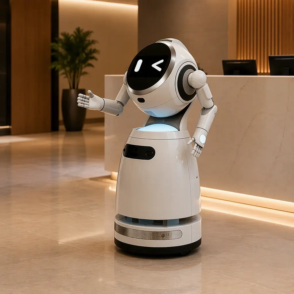 CRUZR humanoid reception robot in a corporate lobby, photorealistic