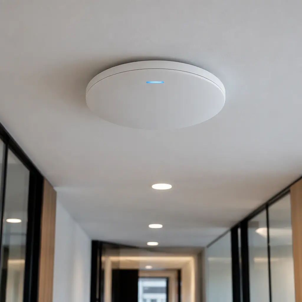 Photorealistic wide photograph of a white ceiling-mounted wireless access point in a modern office corridor, a thin blue status LED, clean plaster ceiling and recessed lighting, shallow depth of field, no people and no text