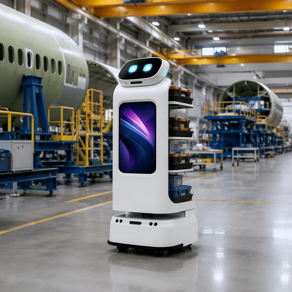 CADEBOT L100 autonomous delivery robot carrying tooling kits in trays along a wide aircraft final assembly line, fuselage sections and assembly jigs in the background, high-bay industrial lighting