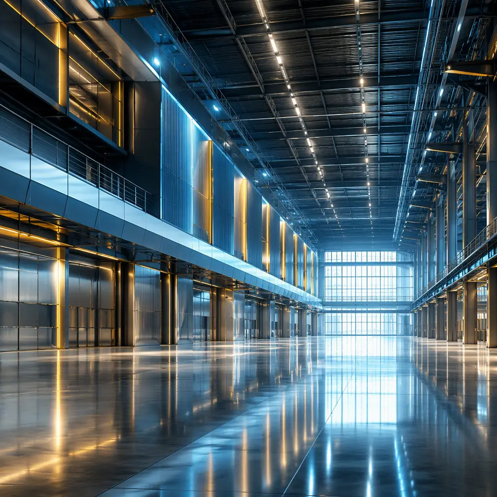Abstract aerospace assembly atmosphere, polished metallic surfaces with long reflection lines, cool steel-blue tones with subtle gold and cyan accent lighting along structural edges, vast high-bay hall with strong perspective, cinematic industrial lighting