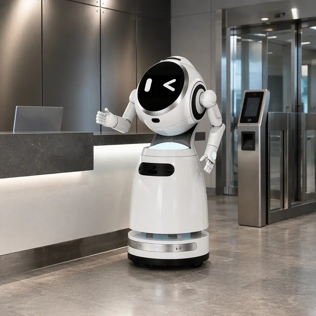 CRUZR humanoid service robot at a visitor registration desk in a secure corporate reception lobby of a defense facility, badge scanner kiosk and glass security door in the background, professional neutral lighting