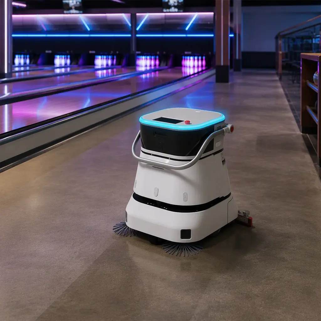 CLEINBOT C2 Pro floor scrubbing robot cleaning the lane-side concourse of a bowling alley, bowling lanes with pins in the background, neon accent lighting, photorealistic