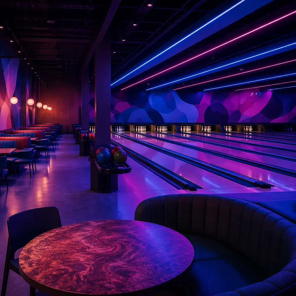 Abstract bowling alley interior, rows of polished lanes with pins standing at the far end, neon ceiling lighting in cool blue and magenta, empty seating area with party tables, atmospheric depth, no robots, no people