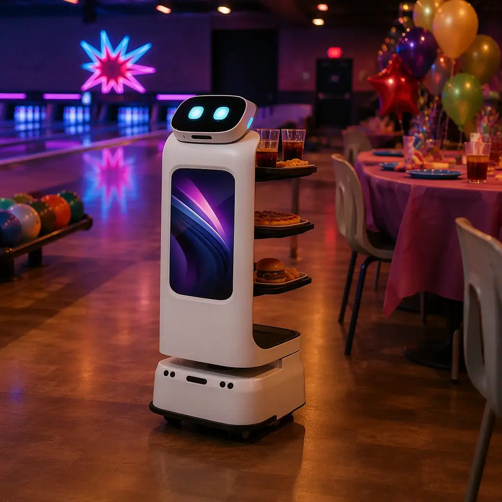 CADEBOT L100 delivery robot carrying food and drinks along the lane-side concourse of a bowling alley toward a party table, bowling lanes with neon accent lighting in the background