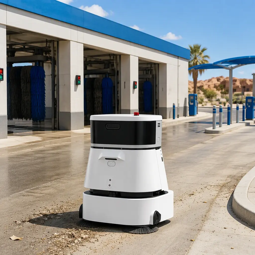CLEINBOT CC201 outdoor sweeping robot cleaning the approach lane of a car wash, bay entrances and queue lane in the background, bright desert sunlight, clean concrete surfaces