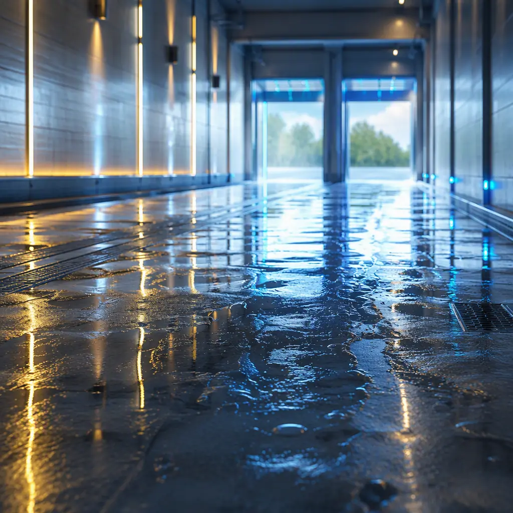 Abstract car wash atmosphere, wet polished concrete with long water reflections and light streaks, cool blue-gray tones with subtle gold and cyan accent lights along tunnel edges, deep perspective toward bright bay entrances, clean fresh mood