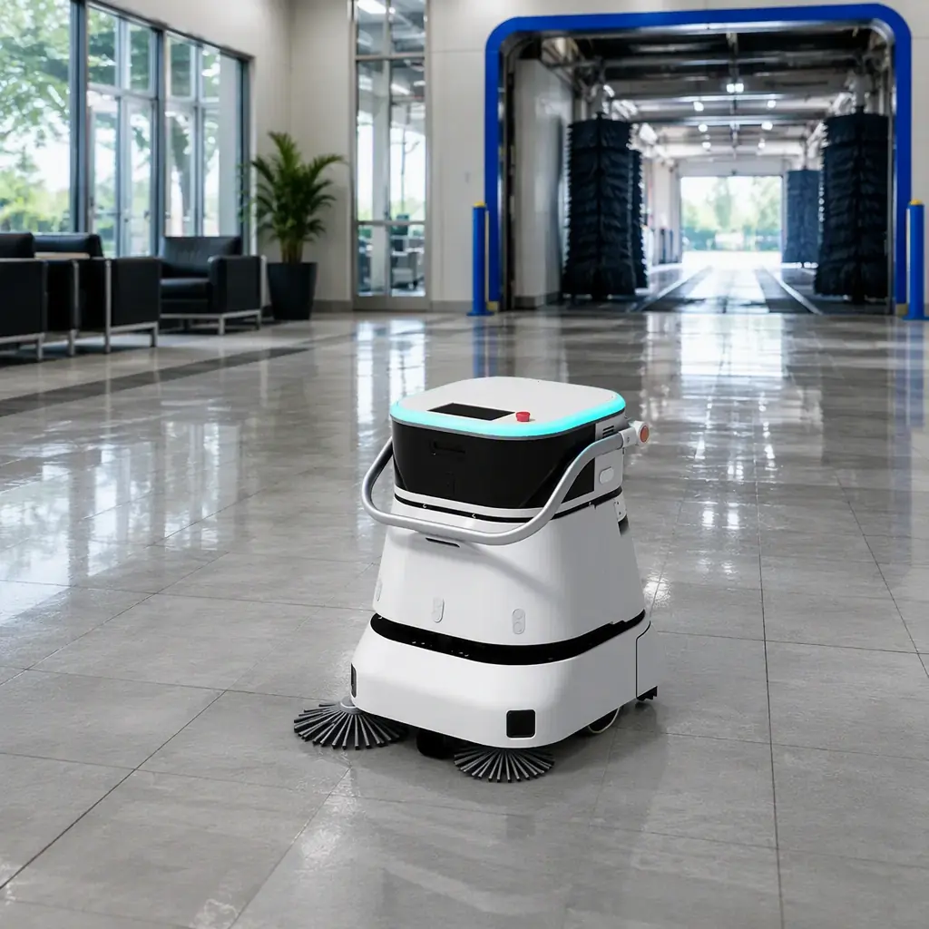 CLEINBOT C2 Pro floor cleaning robot drying the tiled floor of a car wash customer lounge and detailing bay, tunnel exit in the background, bright clean interior lighting